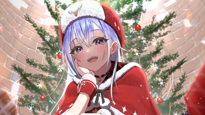 Anime Girl in Santa Outfit by Christmas Tree 4K
