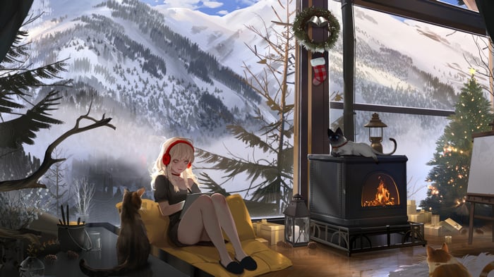 Anime Girl with Cats by Snowy Mountains and Christmas Tree 4K