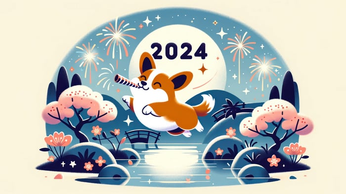 Corgi celebrating 2024 with fireworks