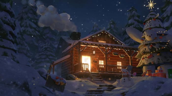 Winter Cabin with Christmas Tree at Night 4K
