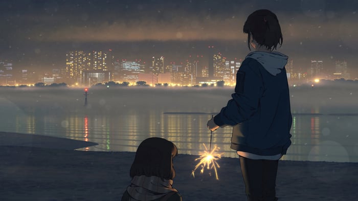 Anime Girls with Sparkler on Beach at Night