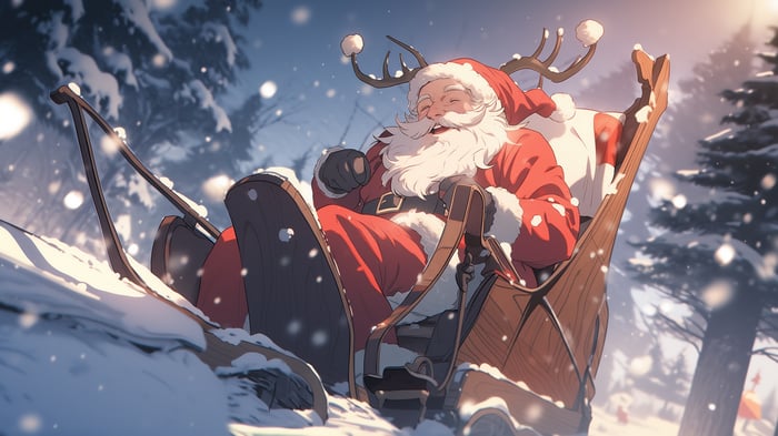 Santa Claus riding a sleigh in a snowy forest