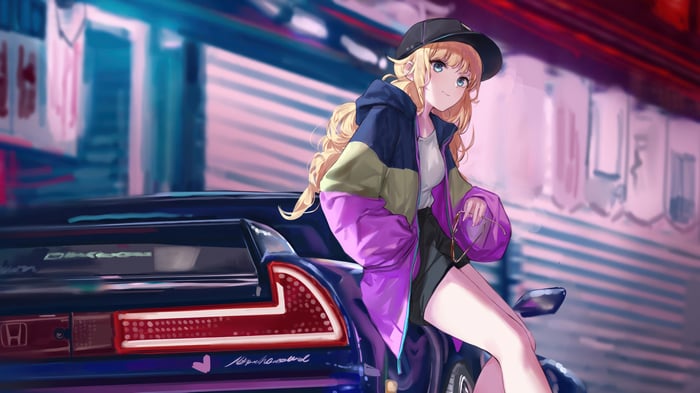 Anime Girl with Blonde Hair and Sports Car in 4K