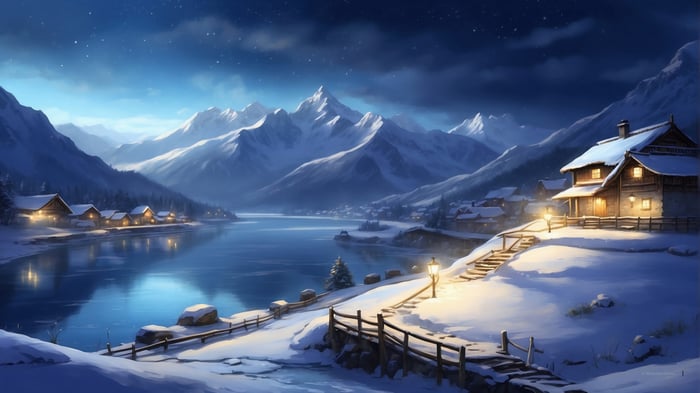Snowy Village by a Lake with Mountains 4K