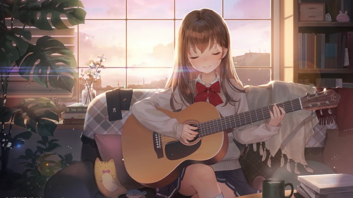 Anime girl playing guitar by the window 4K
