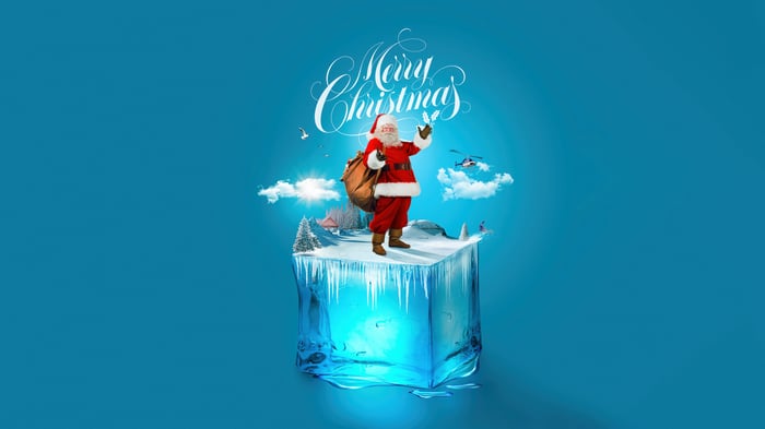 Santa Claus on an Iceberg with Merry Christmas Text