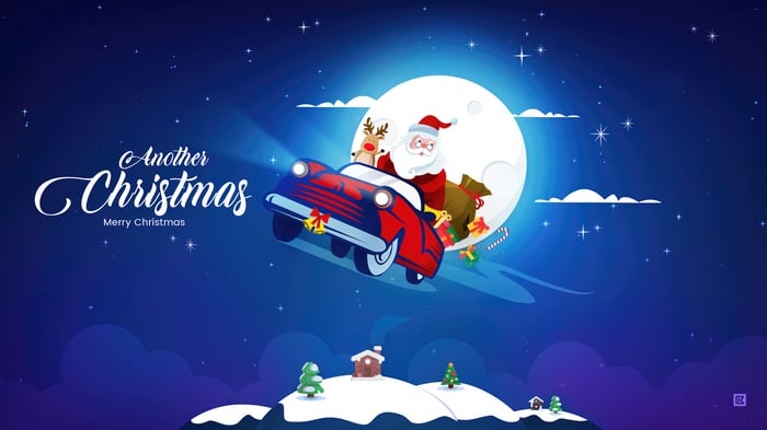 Santa Claus driving a car with a reindeer