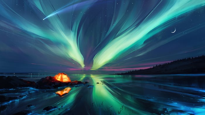 Aurora Borealis over a lake with a tent
