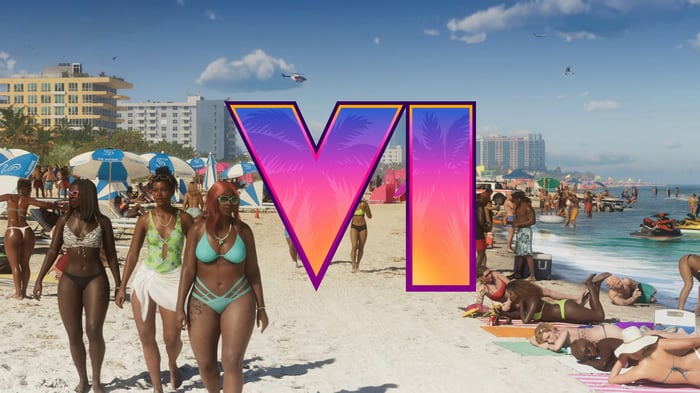 Grand Theft Auto 6 beach scene with "VI" logo