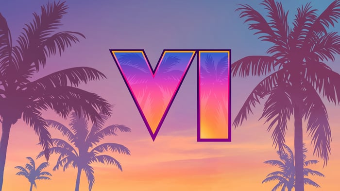 Grand Theft Auto 6 logo with palm trees and sunset