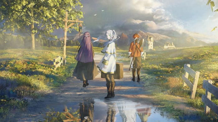 Sousou no Frieren: Frieren, Stark, and Fern on a journey