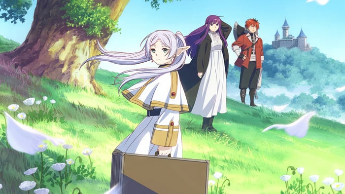 Frieren, Fern, and Stark in a field with a castle