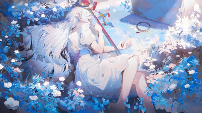 Frieren sleeping among blue flowers with a sword