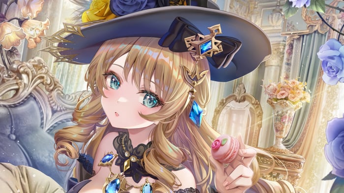 Navia from Genshin Impact holding a macaron