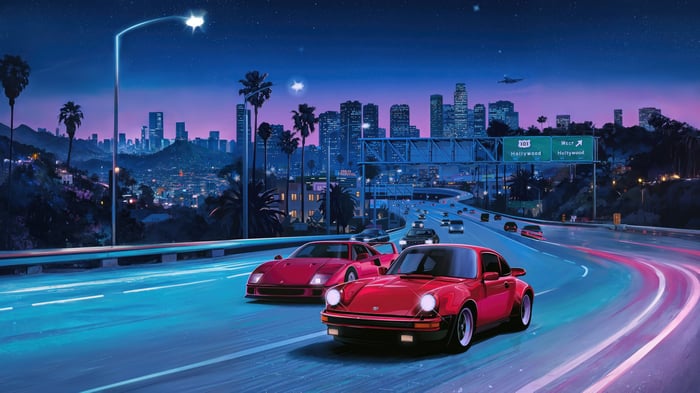 Red Ferraris on Hollywood Highway at Night 4K
