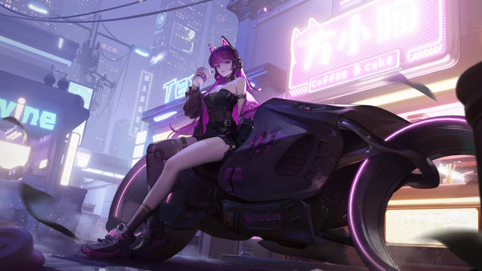 Anime Girl with Pink Hair on a Motorcycle in Cyberpunk City 4K