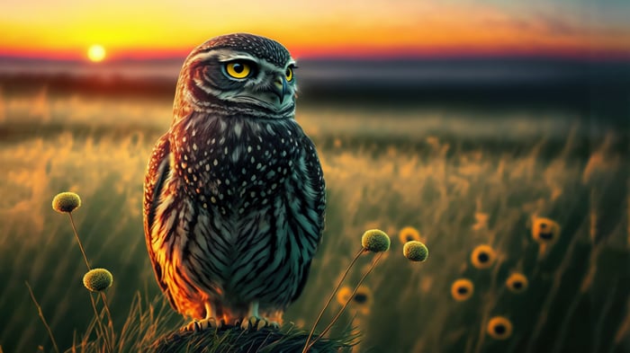 Burrowing Owl at Sunset in a Field