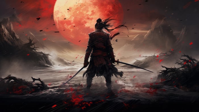 Samurai Warrior Under a Blood Moon 4K
