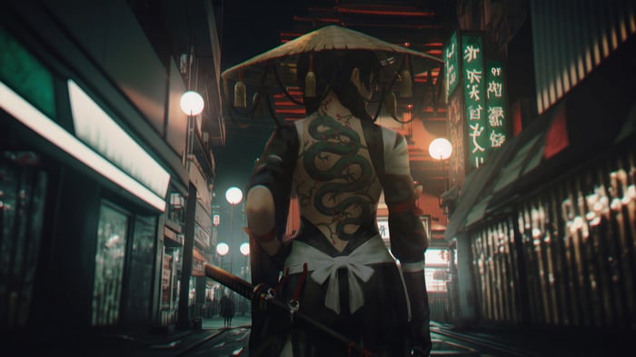 Samurai girl with dragon tattoo in a neon city