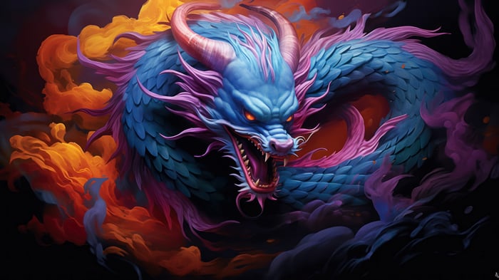 Blue Chinese Dragon with Orange and Purple Smoke 4K