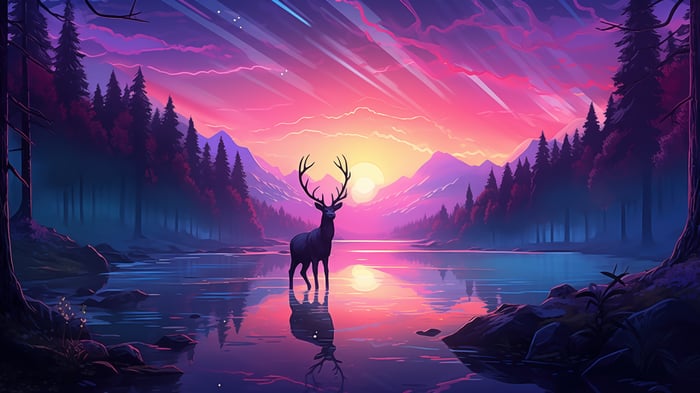 Deer in a lake during sunrise with mountains and forest