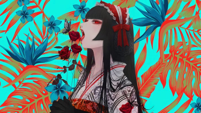 Anime Girl in Kimono with Roses and Butterflies 4K