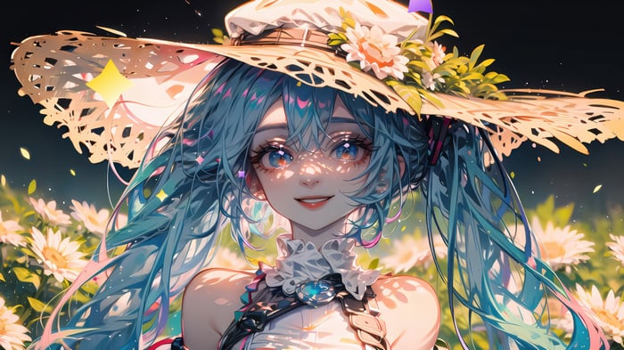 Hatsune Miku in a Straw Hat with Flowers