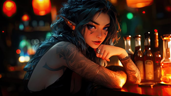 Elf woman with tattoos in a bar, 4K