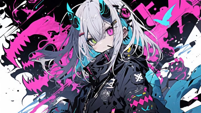 Anime Girl with Horns and Heterochromia 4K