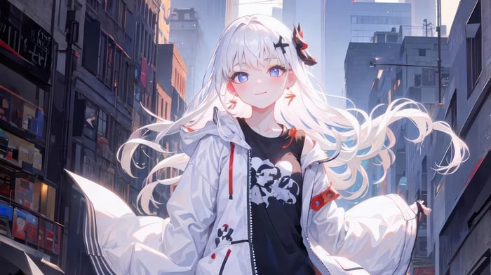 Anime Girl with White Hair in City 4K