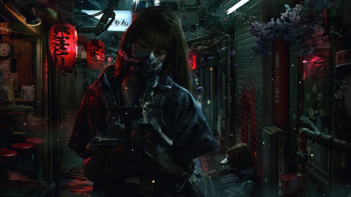 Cyberpunk Girl with Mask and Gun 4K