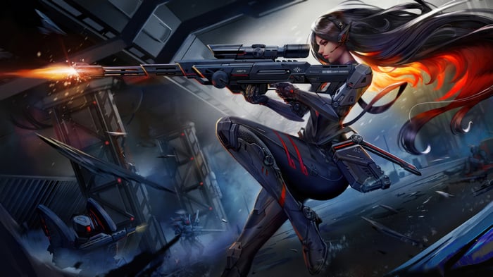 Cyberpunk Girl Sniper Shooting Rifle 4K