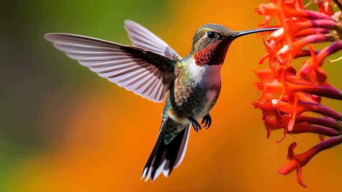 Hummingbird feeding on orange flowers in 4K