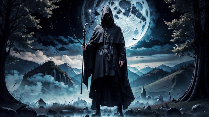 Fantasy Mage in a Black Robe Under the Moon 4K