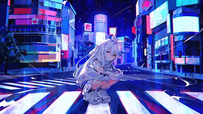Anime Girl on a Pedestrian Crossing in a City at Night 4K