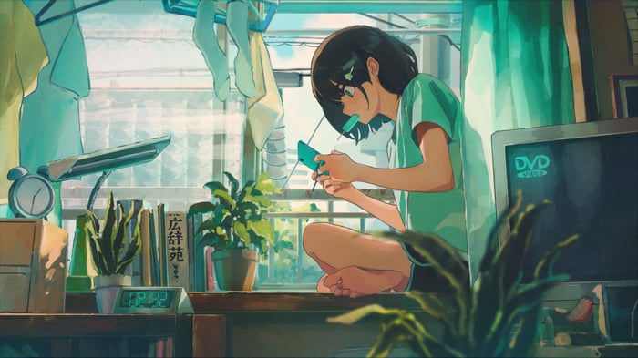 Anime Girl Playing on Phone by Window 4K