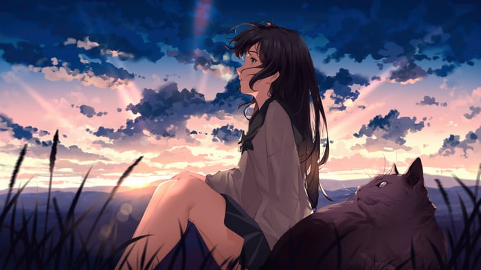 Anime Girl and Cat at Sunrise 4K