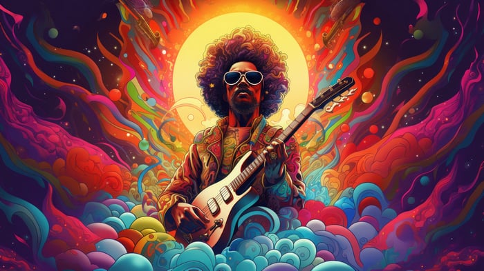 Man with Afro and Guitar in Colorful Psychedelic Art 4K