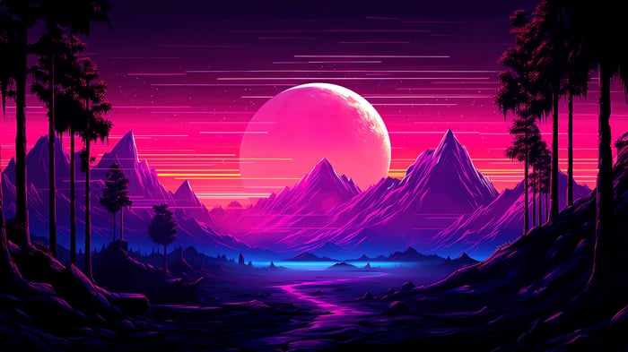 Retrowave mountain landscape with a large moon