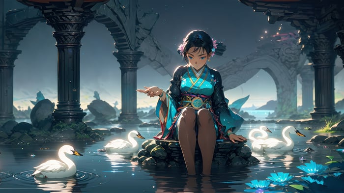 Anime Girl in Kimono by Water with Swans 4K