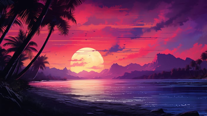 Sunset over a tropical beach with palm trees