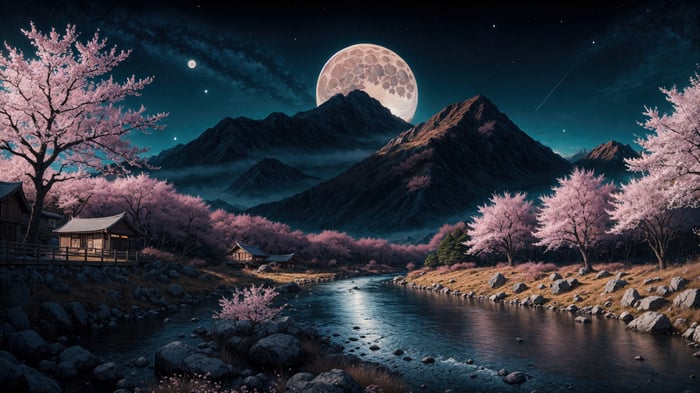 Cherry Blossom River Mountain Scenery 4K
