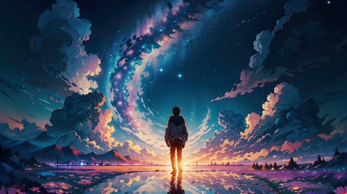Person standing under a colorful galaxy sky