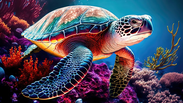 Sea Turtle Swimming Among Colorful Coral Reef 4K