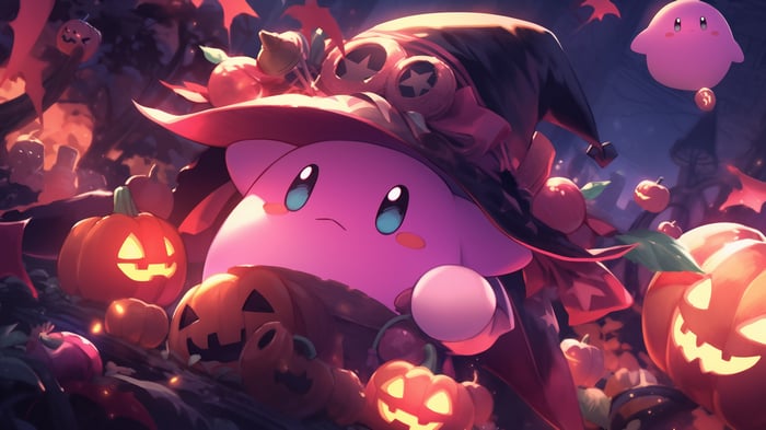 Kirby in a Witch Hat Surrounded by Pumpkins 4K