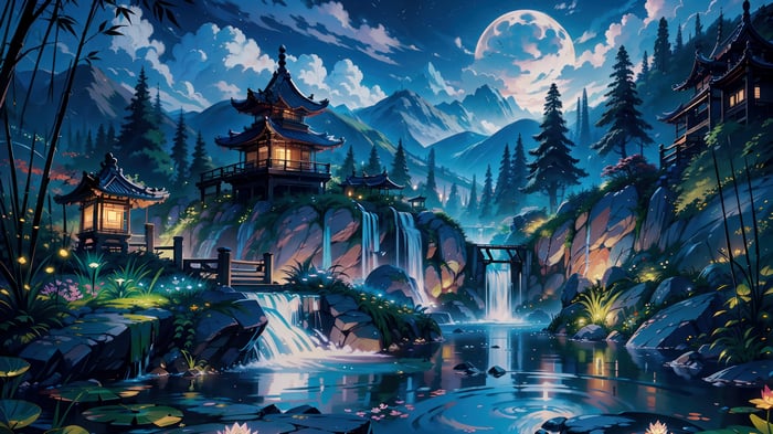 Chinese Pagodas by a Waterfall under the Moon 4K