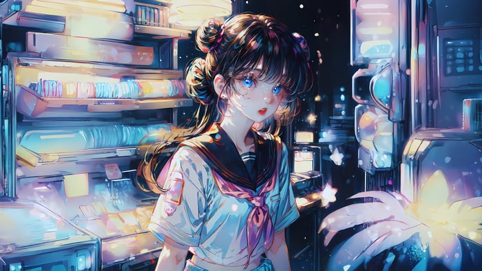 Anime Girl in School Uniform at Night