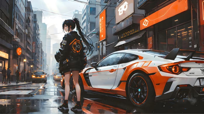 Anime Girl and Sports Car in City 4K