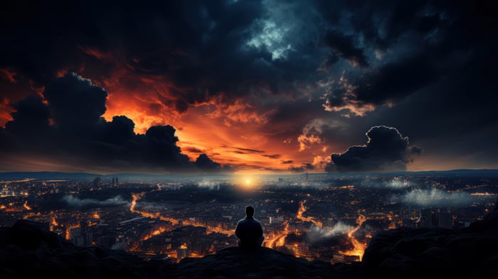 Man sitting on a cliff overlooking a city at sunset