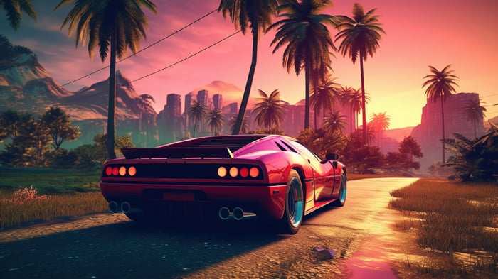 Red Sports Car at Sunset with Palm Trees 4K